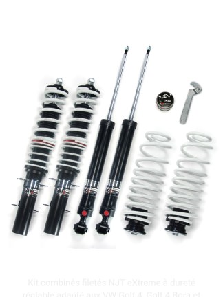 Kit combinés filetés NJT eXtreme à dureté réglable adapté aux VW Golf 4, Golf 4 Bora et Variant (1J) construites entre 1997 et 2006, sauf véhicules à transmission intégrale